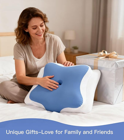 Neck Support Pillow Effectively Relieves Shoulder and Neck Pain, Ergonomic Memory Foam Pillow with Washable Ice Silk Cover, Breathable cervical Pillow for Back, Side, and Stomach Sleepers (Blue White)