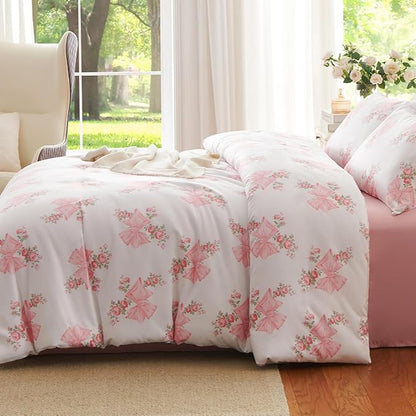 Pink Bow Duvet Cover Full 3Pcs Pink Floral Bedding Set for Girls Kids,Cute Princess Style Bowknot Bedding,Ultra Soft Garden Flower Bedding with 2 Pillowcases(No Comforter)