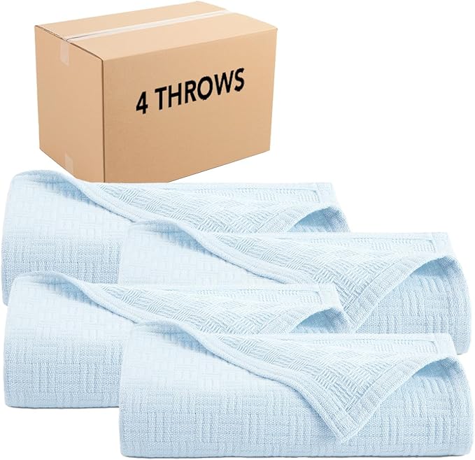 Arkwright Basket Weave Throw Blanket - Case of 4-100% Ringspun Cotton All Season Throws, Luxury Hotel Quality, Soft on Skin, Breathable, 300 GSM for Bed, Sofa, and Chair, 50 X 70 in, Blue