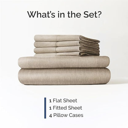 Full 6 Piece Sheet Set - Comfy Breathable & Cooling - Soft Hotel Luxury Bedding Set with 8-16 Inch Deep Pockets - 1 Flat & 1 Fitted Sheet & 4 Pillowcases - Wrinkle Free & Easy Care - Heathered Beige