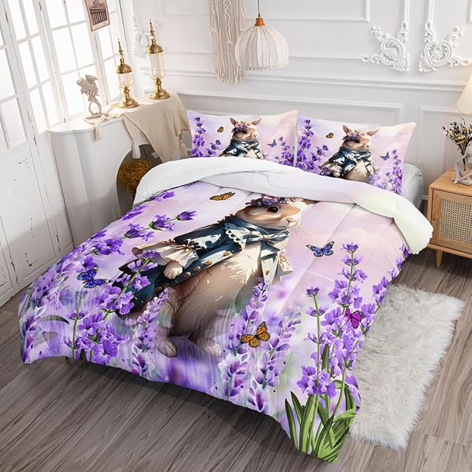 Lavender Rabbit Comforter Full Kids Rabbit Bedding Set Cute Bunny Quilt Bed Set Bedroom Decor Includes 1 Comforter, 2 Pillowcases for Girls Boys Teens