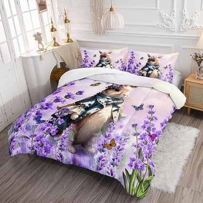 Lavender Rabbit Comforter Full Kids Rabbit Bedding Set Cute Bunny Quilt Bed Set Bedroom Decor Includes 1 Comforter, 2 Pillowcases for Girls Boys Teens