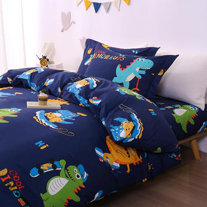 JSD Sports Dinosaur Kids Duvet Cover Set Queen Size, 3 Piece Cute Printed Microfiber Comforter Cover with Pillow Shams Zipper Closure, Comforter Not Included