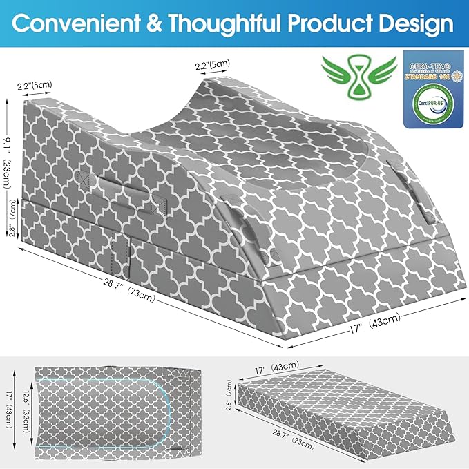 CloudBliss Adjustable Leg Elevation Pillow After Surgery, Memory Foam Wedge Pillow for Blood Circulation & Swelling, Leg Elevating Pillows for Back Knee Hip Ankles Pain, Rest(Grey, Double)
