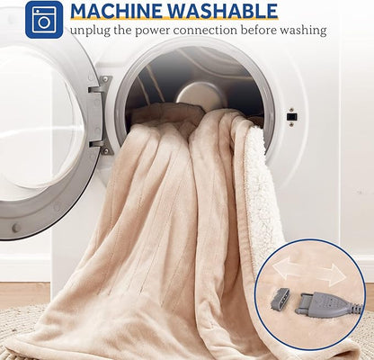 SEALY Electric Blanket Full Size, Heated Blanket Flannel & Sherpa with 10 Heating Levels & 1-12 Hours Auto Shut Off, Fast Heating Warming Blanket, Machine Washable, Beige, 80 x 84 Inch