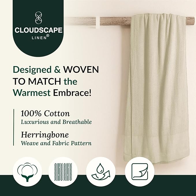 Cloud Scape Linen Herringbone Cotton Twin Blanket for Couch, Bed,Sofa, Home Decor, Soft, Weighted, All-Season, Winter Bed Blanket, Best Gift Idea, 68 x92, Fog