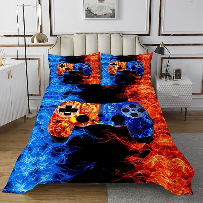Erosebridal Mist Gaming Coverlet Set for Boys Queen,Teens Gamer Room Decor Wolf Game Controller Bedspread,Kids Gamepad Quilted Abstract Misty Animal Bedroom Decor