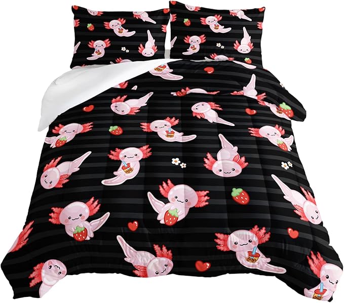 HOSIMA Kids Black Comforter Sets 3 Pieces,Cartoon Axolotl Bedding Sea Wildlife Cute Animals Theme Room Decor,Kawaii Bedding Set Strawberry Comforter King Size with 2 Pillowcases.