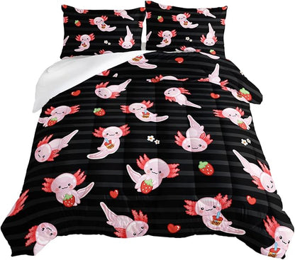 HOSIMA Kids Black Comforter Sets 3 Pieces,Cartoon Axolotl Bedding Sea Wildlife Cute Animals Theme Room Decor,Kawaii Bedding Set Strawberry Comforter Queen Size with 2 Pillowcases.