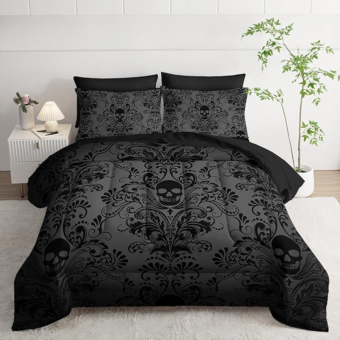 Black Skull Comforter Set 7 Piece Queen Size Bed in A Bag,Goth Bedding for Room Decor,Soft Western Comforter Boho Hippie Bedding with Fitted Sheet,Flat Sheet, Pillowcases & Shams