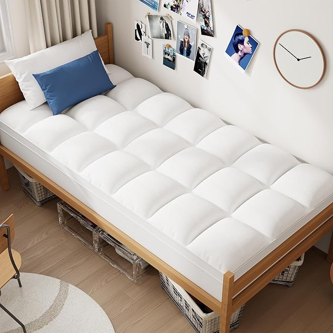 ELEMUSE Twin XL Mattress Topper for College Dorm, Thick Extra Long Twin Mattress Pad Cover for Back Pain, Plush Soft Pillowtop with Elastic Deep Pocket, Overfilled Down Alternative Filling