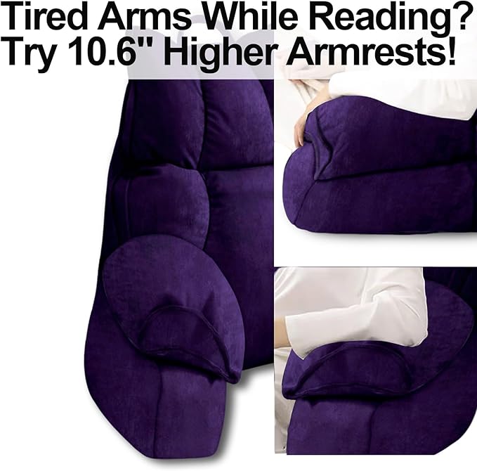 RRPAHWTV Reading Pillow for Bed with High Arm Rests,Back Support Pillow for Sitting Up in Bed with Shredded Memory Foam for Reading, TV, Gaming or Relaxing on Floor（Grape, Large）