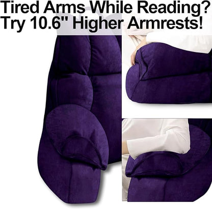 RRPAHWTV Reading Pillow for Bed with High Arm Rests,Back Support Pillow for Sitting Up in Bed with Shredded Memory Foam for Reading, TV, Gaming or Relaxing on Floor（Grape, Large）