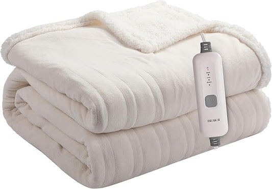 Electric Heated Blanket Flannel & Sherpa 50"x60" Throw Size - 4 Heat Levels, 10H Auto Shut Off, Fast Heating, Cozy and Comfortable, Warm Gifts, Machine Washable - White