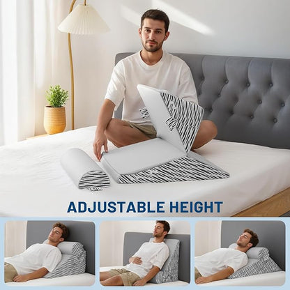 Lewondr Wedge Pillow for After Surgery, Adjustable Bed Wedge Pillow for Headboard Set with Side Pockets Fastener for Sleeping, Snoring, Back Pain & Acid Reflux Relief
