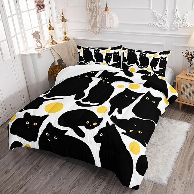 Kids Bedding 3Pcs Cartoon Black Cat Bedding Set Queen Yellow Polka Dots Pattern Comforter Set for Teens Kids Boys Girls Adults Cute Cat Quilt Bed Decor Set with 1 Comforter and 2 Pillowcases
