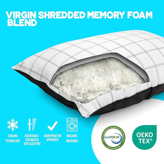 Fluff and Stuff Comfort Pillow | Queen Size Memory Foam Pillows, Chiropractor Designed and Approved 2-in-1 Back Support and Bed Pillows | Fully Adjustable Pillow (Checker, Queen (Pack of 1))