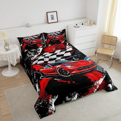Car Bedding Set For Boys Cool Racing Sports Car Comforter Cover for Kids Children Extreme Sports Theme Comforter Modern Red Automobile Duvet Set Room Decor 1 Comforter With 1 Pillow Case Twin Size