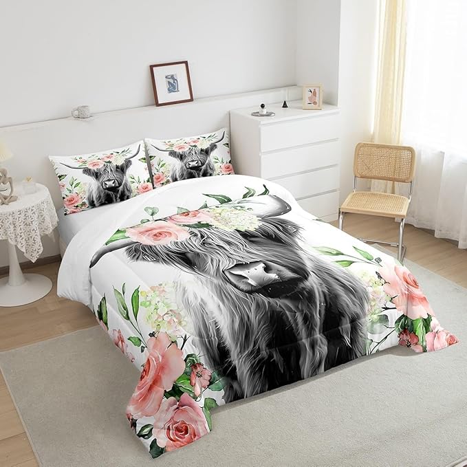 Feelyou Highland Cow Bedding Set Kids Rose Floral Bull Cattle Comforter Set for Girls Teens Western Wildlife Animal Comforter Farmhouse Duvet Set Room Decor Quilt Set Toddler Size