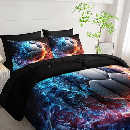 Soccer Print Comforter 7Pcs Gaming Sport Soccer Bedding Set for Kid Teen Girl Boy Adult Ball Sports Games Ice Fire Football Quilt Bed Set Queen with 2 Sheets,2 Pillowcases,2 Throw Pillow Covers