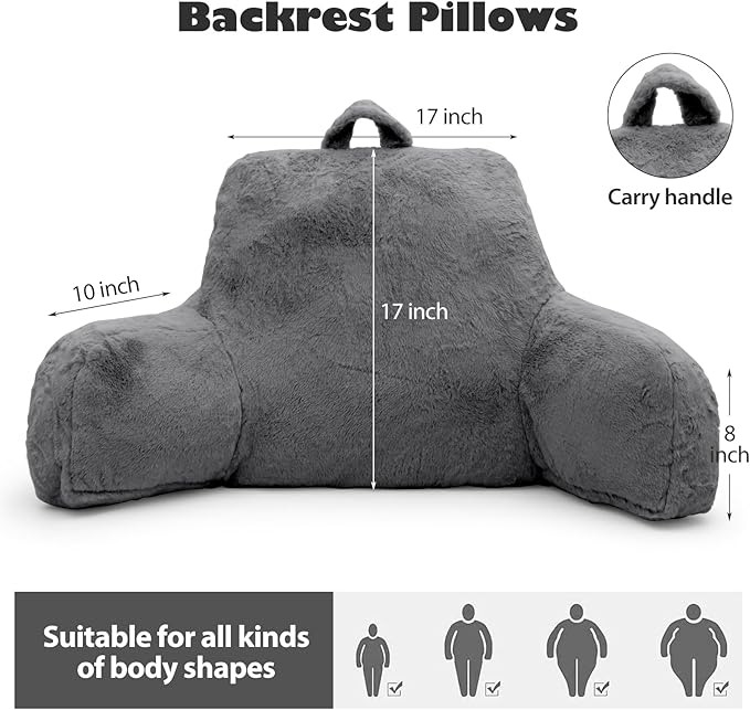 Reading Pillow for Sitting in Bed Adult, Standard Reading Pillow with Memory Foam, Back Pillow for Bed Sitting Up with Extend Arms, Grey