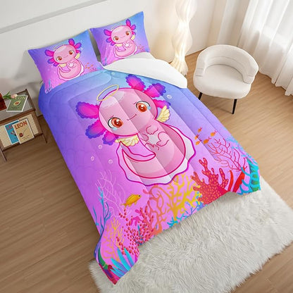 HOSIMA Cartoon 3D Print Axolotl Comforter Sets Twin Size,Cute Ocean Animal Bedding Sets for Kids Girls,Color Undersea World Plant Print Comforter Sets Decorative with 2 Pillowcases.