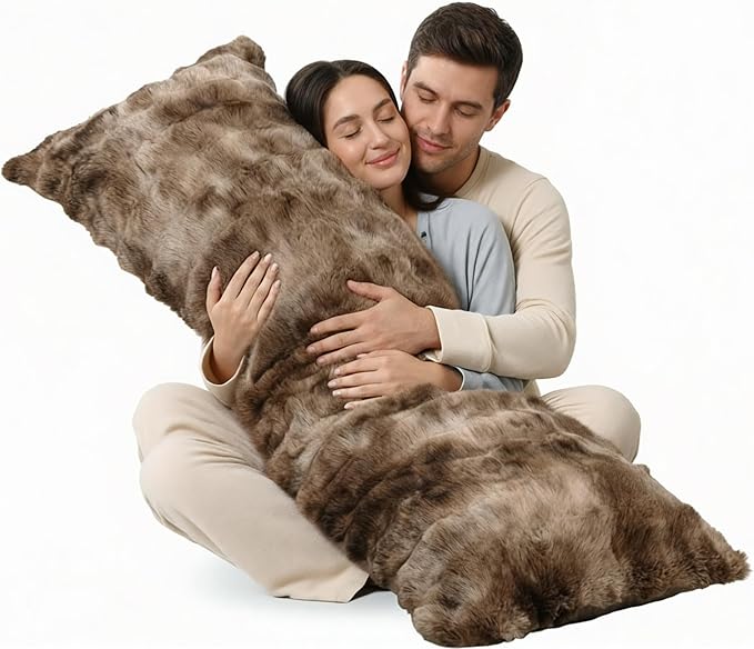 ZonLi Fluffy Faux Rabbit Fur Brown Body Pillow, Side Sleep Body Pillow with Washable Cover, Adjustable Memory Foam Fill，20x54 Long Pillow for Adults Girls & Kids