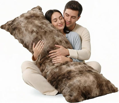 ZonLi Fluffy Faux Rabbit Fur Brown Body Pillow, Side Sleep Body Pillow with Washable Cover, Adjustable Memory Foam Fill，20x54 Long Pillow for Adults Girls & Kids