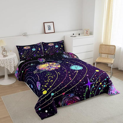 Feelyou Solar System Comforter Set King Size Outer Space Comforter for Kids Teens Adults Universe Planets Bedding Set Cute Astronaut Purple Duvet Set Room Decor 3Pcs with 2 Pillow Case