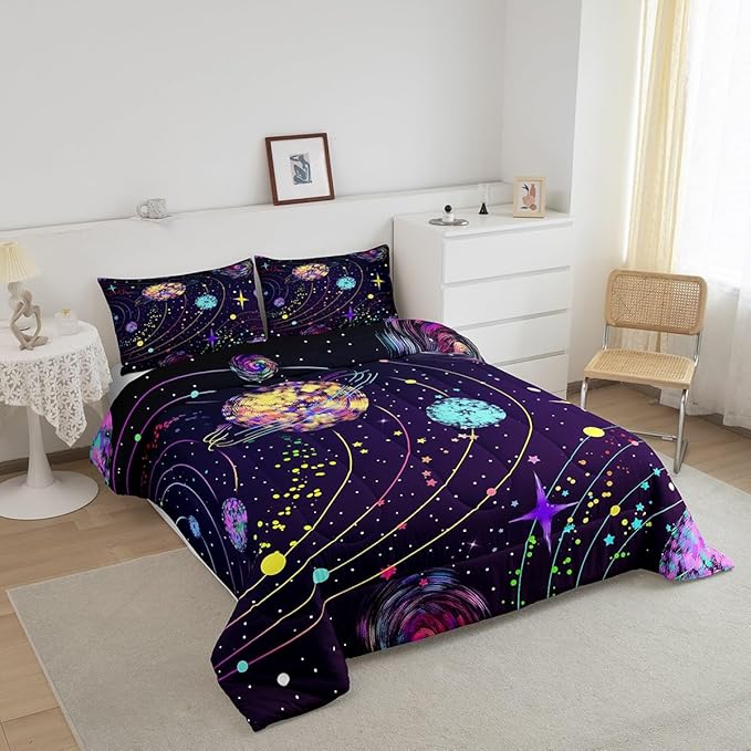 Feelyou Solar System Comforter Set Full Size Outer Space Comforter for Kids Teens Adults Universe Planets Bedding Set Cute Astronaut Purple Duvet Set Room Decor 3Pcs with 2 Pillow Case