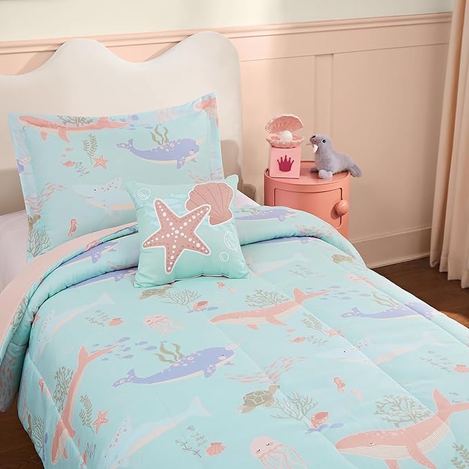 Twin Comforter Set for Girls-3 Pieces Ocean Animals Glow in The Dark Twin Bedding Sets for Kids,1 Comforter,1 Sham and 1 Decor Pillow