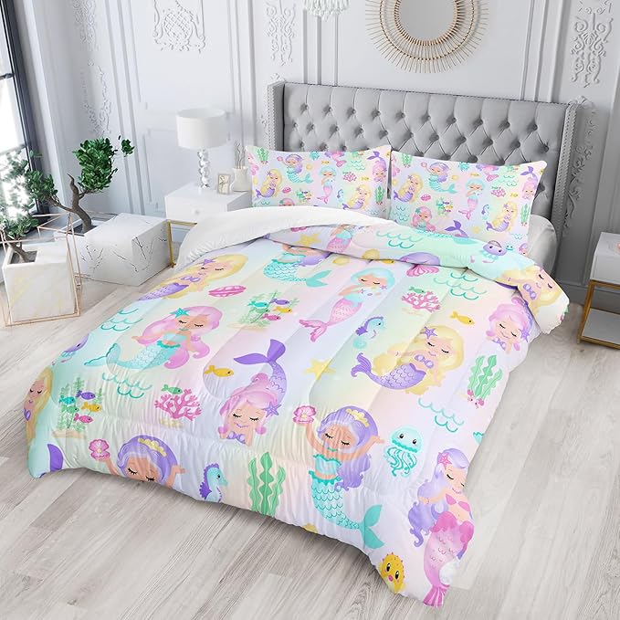 Rainbow Mermaid Comforter Set Twin/Full/Queen Size Fairy Tale Sea Shell Grass Bedding Set Starfish Jellyfish Quilt Bed Set for Kid Girls with 1 Comforter and 2 Pillowcases