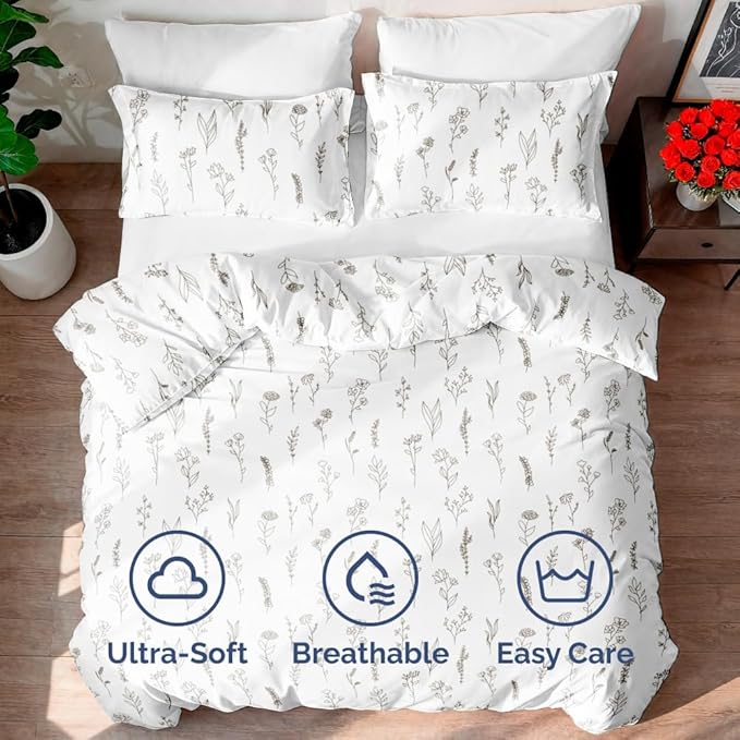 Duvet Cover Twin/Twin XL Size Set - Extra Soft Floral Duvet Cover 68 x 90 with 1 Pillow Sham - Comfy, Breathable Floral Bedding Set - Hotel Luxury & Fade Free with Zipper Closures and Ties - Plants