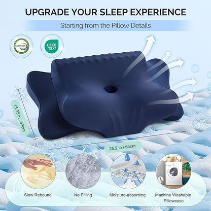 Cervical Pillow for Neck Pain Relief，Cooling Ergonomic Dual-Sided Orthopedic Neck Pillow with Ice Silk Pillowcase, Breathable Memory Foam Contour Pillow for Side, Back, Stomach Sleepers