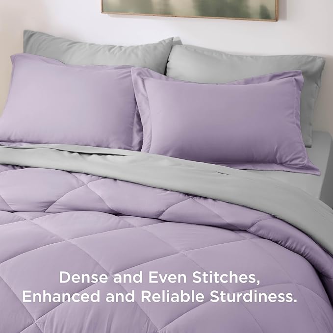 Bedsure Queen Comforter Set - 7 Pieces Reversible Light Purple Bedding, Queen Size Bed Set for All Seasons, Bed in a Bag with Down Alternative Comforter, Sheets, Pillowcases & Shams