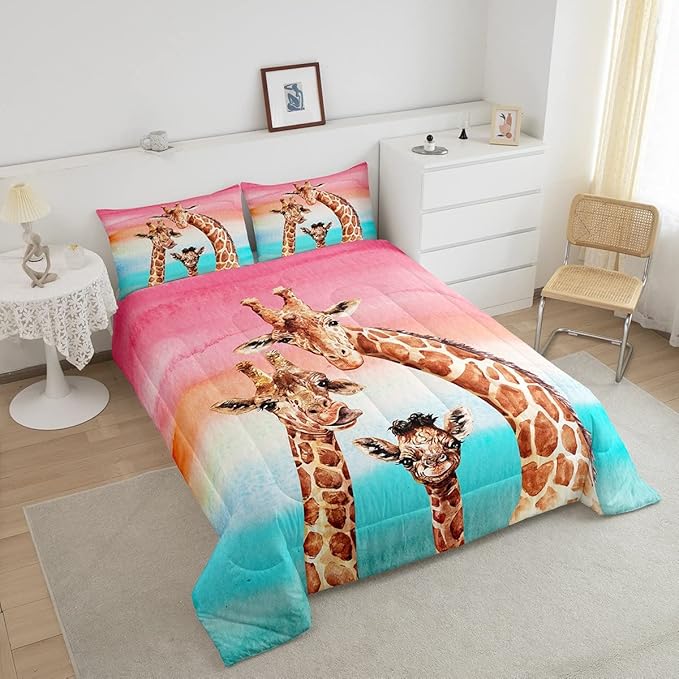 Feelyou Giraffe Comforter Set Safari Giraffe Family Bedding Set for Kids Boys Adults Youth Colorful Geometric Stripe Decor Duvet Set Wild Animal Quilt Set with 2 Pillowcases 3Pcs Bedding Full