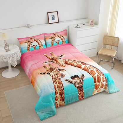Feelyou Giraffe Comforter Set Safari Giraffe Family Bedding Set for Kids Boys Adults Youth Colorful Geometric Stripe Decor Duvet Set Wild Animal Quilt Set with 2 Pillowcases 3Pcs Bedding Full