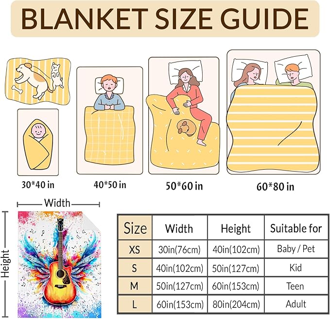 Guitar Throw Blanket Gifts for Guitar Players, Cool Music Blanket for Kids Teens Adults Guitar Lovers, 60x80 Inches Soft Flannel Blankets Guitar Decor for Sofa Couch Bed Home