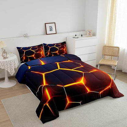 Honeycomb Print Bedding Set Red Black Fire Hexagonal Pattern Comforter Set for Kids Boys Girls Teens Beehive Geometrical Comforter Breathable Simplistic Duvet Set Room Decor Quilt Set Toddler Size