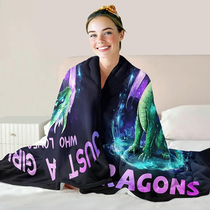 Dragon Lover Blanket, Just A Girl Who Loves Dragons Blanket, Soft Warm Cozy Fleece Throw, Gifts for Girls Women Kids, 40"x50", Black