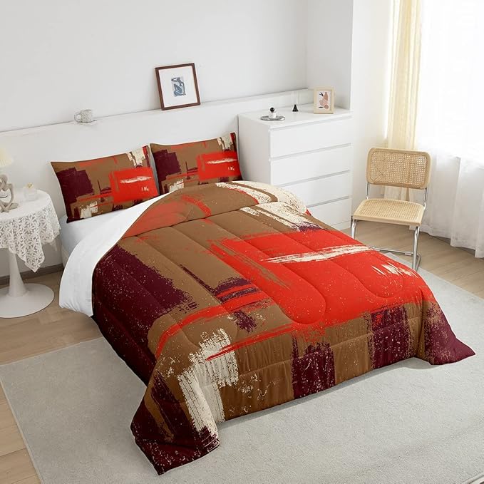 Feelyou Abstract Bedding Set Comforter Set for Kids Boys Girls Teens Room Decor Modern Abstract Art Comforter Brown Orange Duvet Set 3Pcs King Size