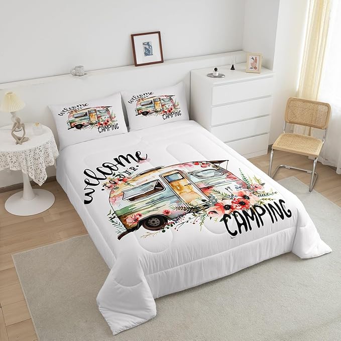 Camper Van Comforter Set Kids Farmhouse Rustic Happy Camping Bedding Set Queen Women Men Camper Floral Decor Comforter Ultra Soft Microfiber Nature Flower Quilted Set Bedroom Comforter Inner Fill