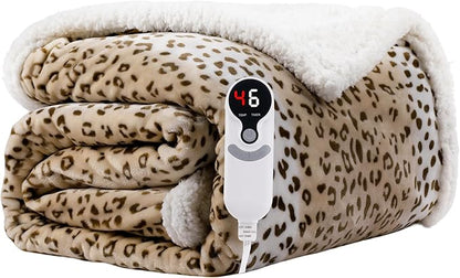 Electric Heated Blanket Twin Size 62"x84" - Microplush & Sherpa Fabric Dual-Sided, 6 Heat Settings & 10 Hours Auto Off, Cozy Warming Throw for Office or Bed, Machine Washable, Beige Leopard Print