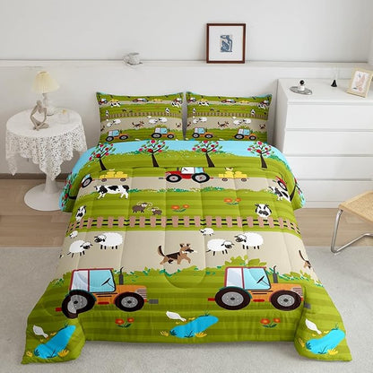 Feelyou Tractor Bedding Sets for Boys Full Size, Toddler Kids Cute Cartoon Farm Animals Comforter Set Happy Farmhouse Country Warm Cozy Comforter for All Season Room Decor