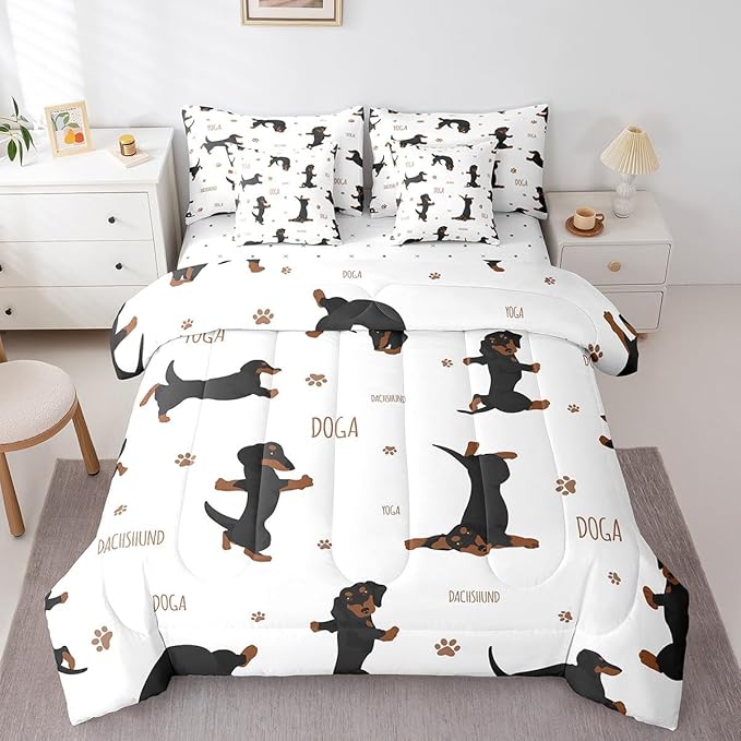 Feelyou Sausage Dog Bedding Set Boys Dachshund Comforter Set with Sheets 7 Piece Full Size for Kids Teens Ultra Soft Puppy Dog Bed in a Bag Kawaii Pet Brown Bed Set Room Decor