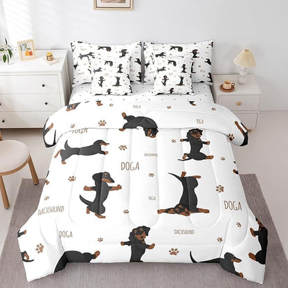 Feelyou Sausage Dog Bedding Set Boys Dachshund Comforter Set with Sheets 7 Piece Full Size for Kids Teens Ultra Soft Puppy Dog Bed in a Bag Kawaii Pet Brown Bed Set Room Decor