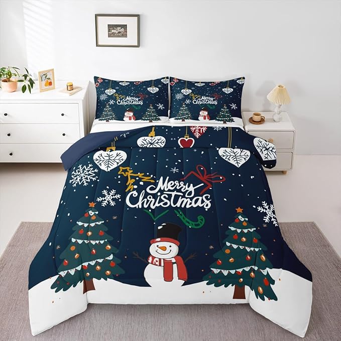 Erosebridal Snowflake Comforter Set for Kids Boys Girls,Cartoon Snowman Bedding King,Merry Christmas Comforter Sets,Winter Xmas Tree Stars Duvet Insert with 2 Pillowcases