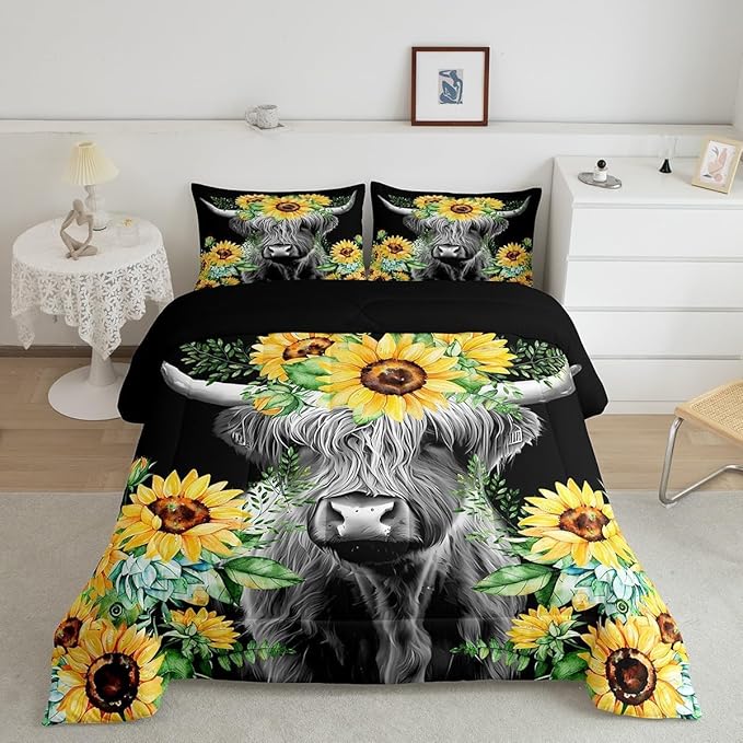 Feelyou Highland Cow Bedding Set Kids Sunflower Floral Western Cow Bull Comforter Set for Girls Teens Farmhouse Wildlife Animal Comforter Black Duvet Set Room Decor Quilt Set Toddler Size