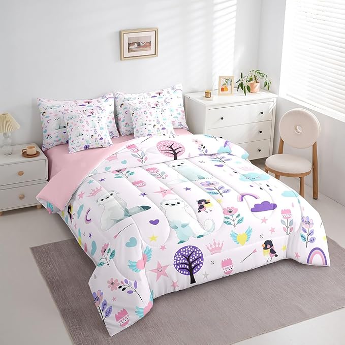 Erosebridal King Comforter Set for Kids,7 Pieces Floral Ferret Bedding Sets King Bed in a Bag,Reversible Cartoon Zoo Animal Bed Set,Cute Flower Comforter, Sheets, Pillowcases and Cushion Cases