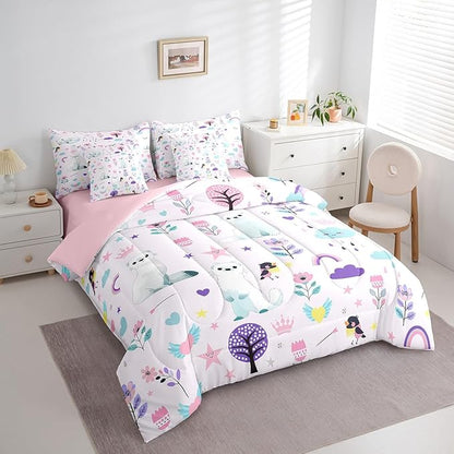 Erosebridal King Comforter Set for Kids,7 Pieces Floral Ferret Bedding Sets King Bed in a Bag,Reversible Cartoon Zoo Animal Bed Set,Cute Flower Comforter, Sheets, Pillowcases and Cushion Cases